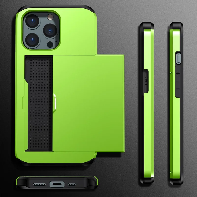 Handyhülle mit Schiebe-Kartenfach für iPhone 15 Pro Max, Kratzfeste TPU + PC-Handyhülle - Grün