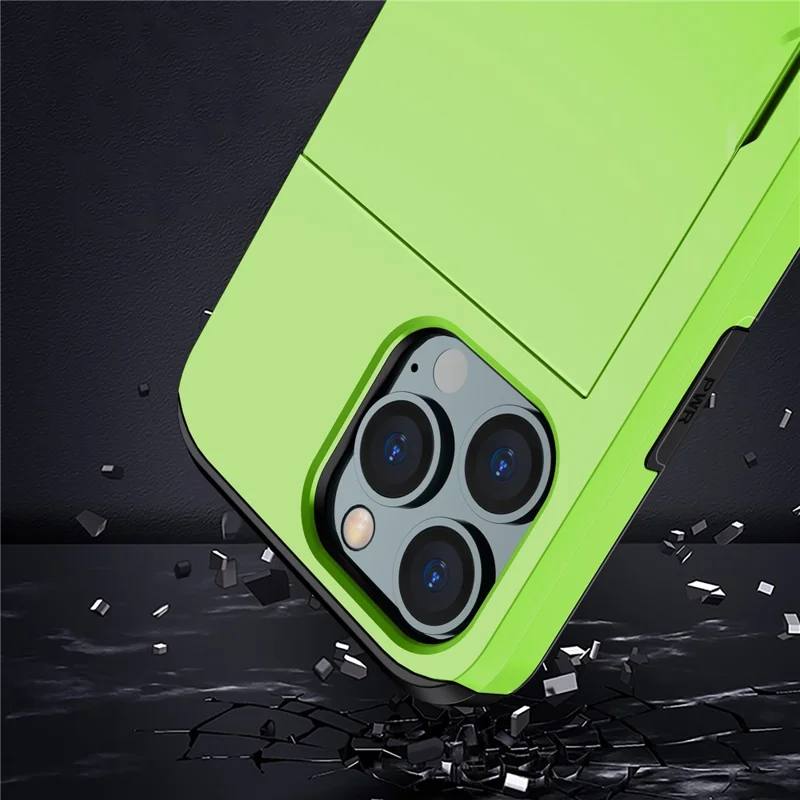 Handyhülle mit Schiebe-Kartenfach für iPhone 15 Pro Max, Kratzfeste TPU + PC-Handyhülle - Grün