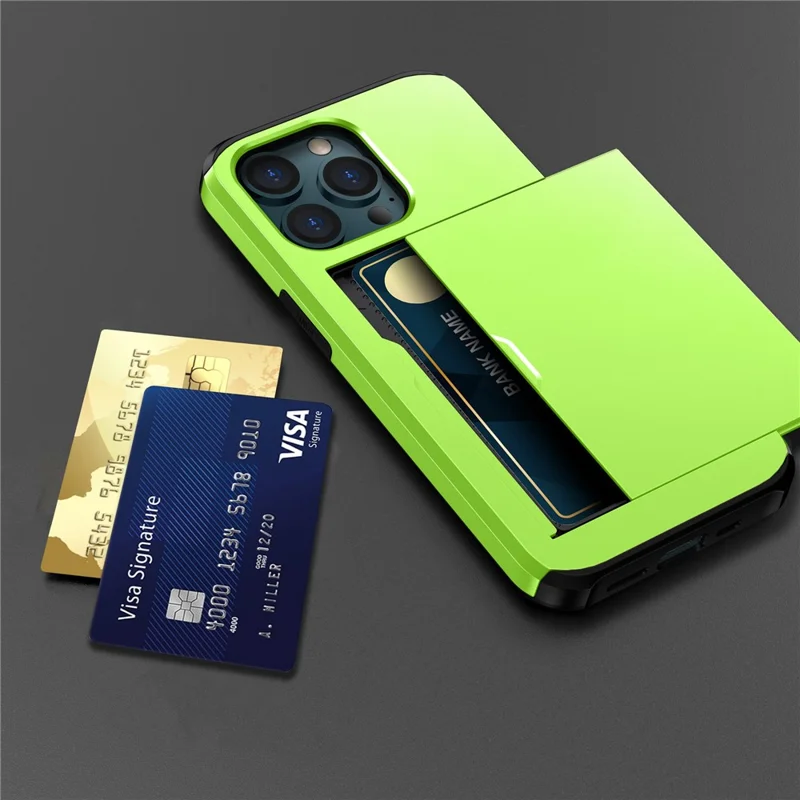 Handyhülle mit Schiebe-Kartenfach für iPhone 15 Pro Max, Kratzfeste TPU + PC-Handyhülle - Grün