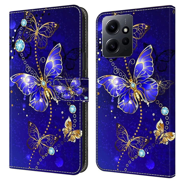 Para Xiaomi Redmi Note 12 4G Funda de Teléfono de Cuero PU Flip 3D Pattern Printed Wallet Stand Cover - Diamond Butterfly