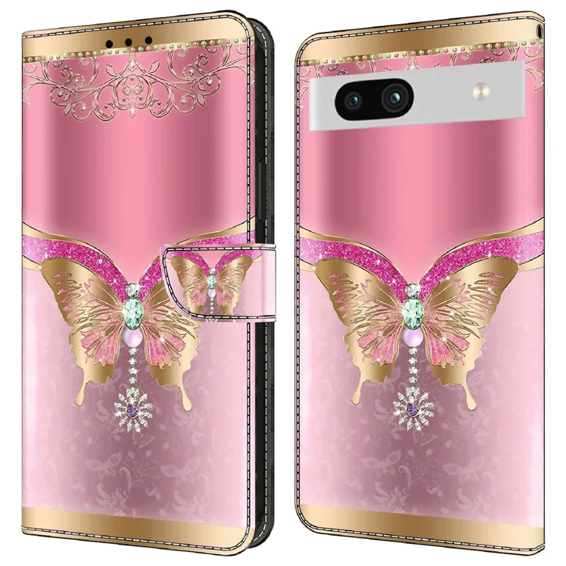 For Google Pixel 7a 3D Pattern Printing Leather Phone Case Stand Wallet Folio Cover - Pink / Gold Butterfly
