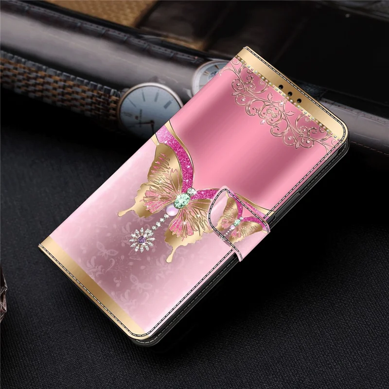 For Google Pixel 7a 3D Pattern Printing Leather Phone Case Stand Wallet Folio Cover - Pink / Gold Butterfly