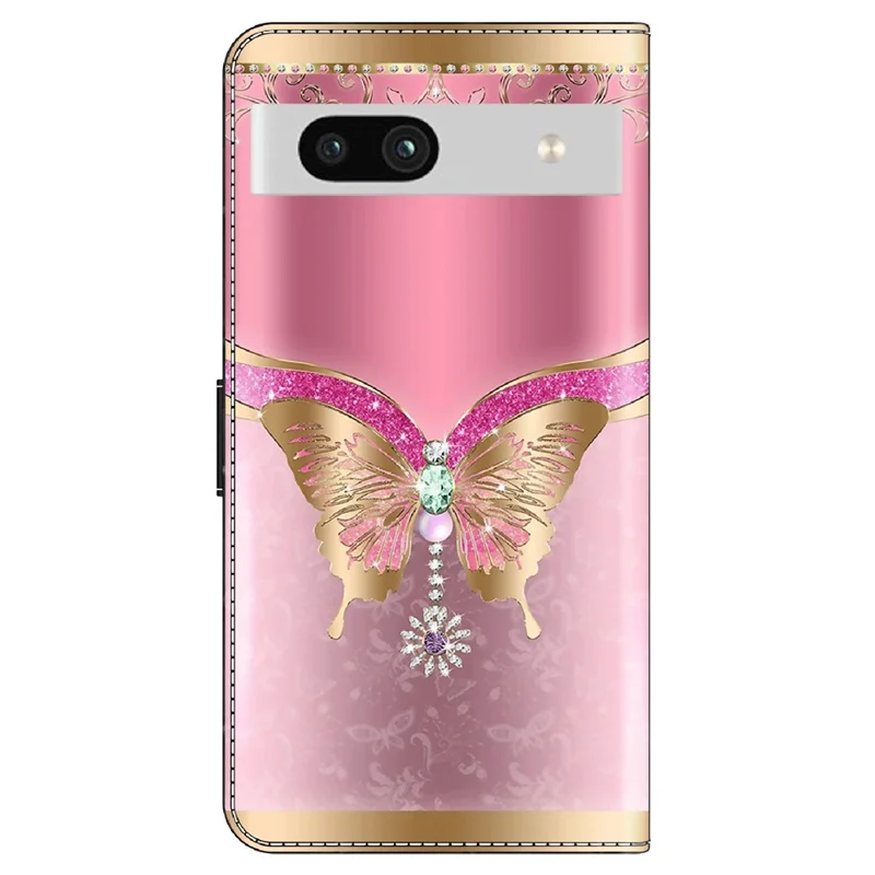 For Google Pixel 7a 3D Pattern Printing Leather Phone Case Stand Wallet Folio Cover - Pink / Gold Butterfly