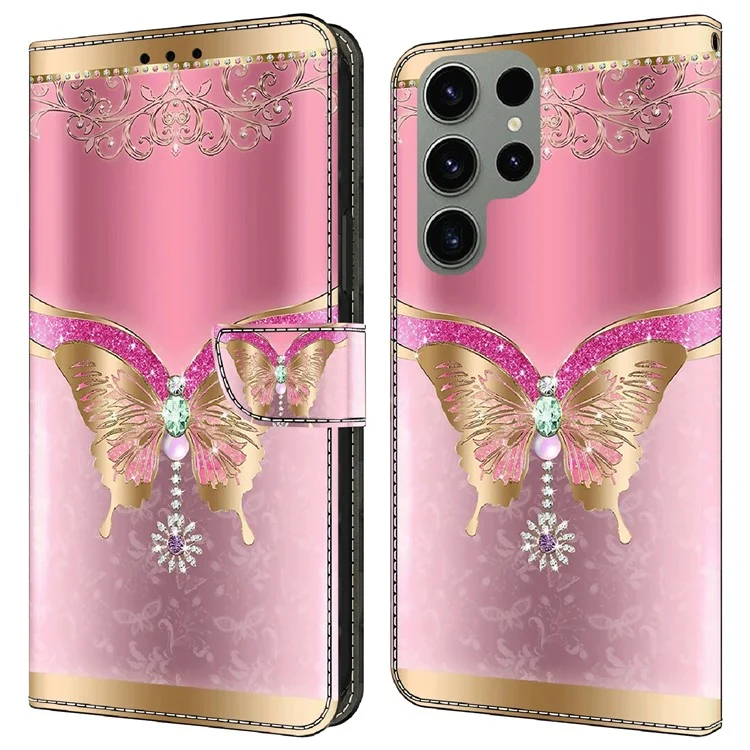 Для Samsung Galaxy S23 Ultra 3D Pattern Phone Case PU Leather Wallet Stand Cover - Pink / Gold Butterfly
