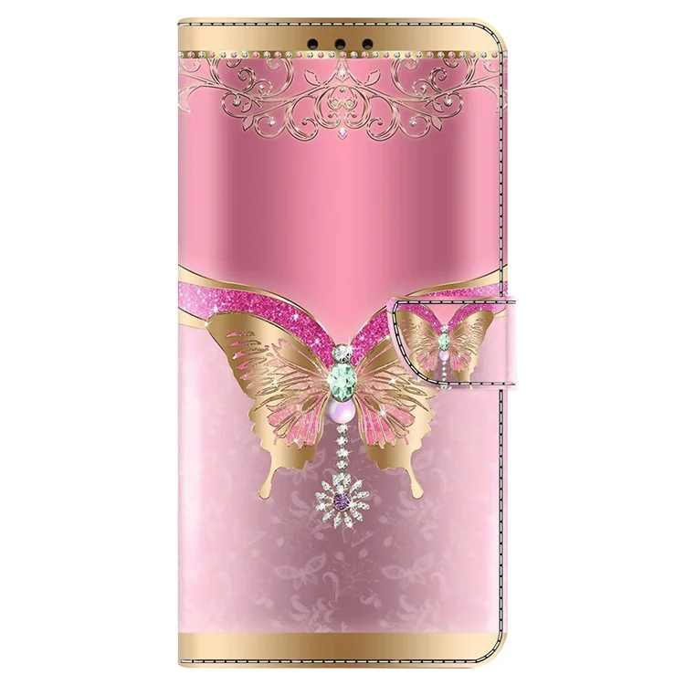 Для Samsung Galaxy S23 Ultra 3D Pattern Phone Case PU Leather Wallet Stand Cover - Pink / Gold Butterfly