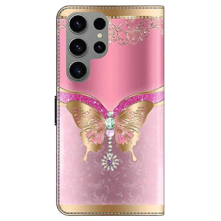 Для Samsung Galaxy S23 Ultra 3D Pattern Phone Case PU Leather Wallet Stand Cover - Pink / Gold Butterfly