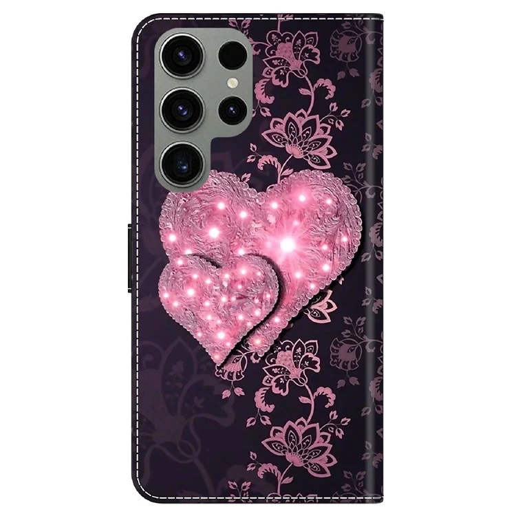 For Samsung Galaxy S23 Ultra 3D Pattern Phone Case PU Leather Wallet Stand Cover - Lace Hearts