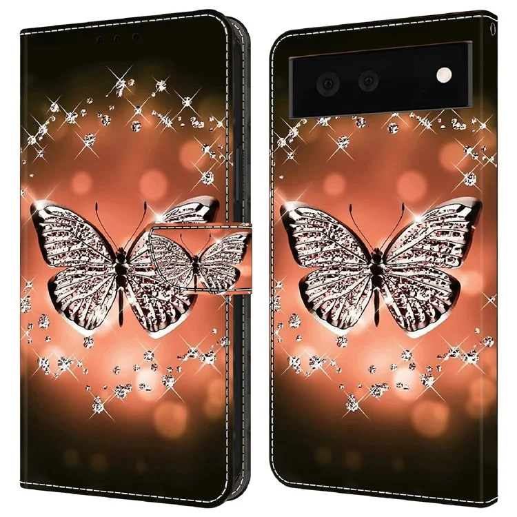 For Google Pixel 6 Wallet Case 3D Pattern Printed PU Leather Stand Feature Flip Cover - Crystal Butterfly