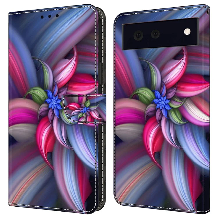For Google Pixel 6a PU Leather Case 3D Pattern Printing Stand Flip Wallet Phone Cover - Colorful Flowers