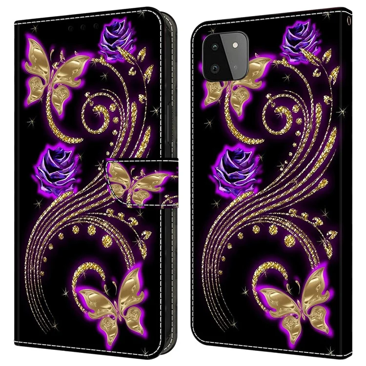 Para Samsung Galaxy A22 5G (Versão UE) Carteira Capa de Telefone Case PU Leather 3D Pattern Stand Protective Cover - Purple Flowers / Butterflies