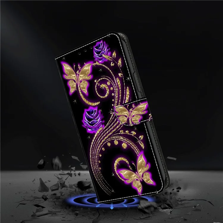 Para Samsung Galaxy A22 5G (Versão UE) Carteira Capa de Telefone Case PU Leather 3D Pattern Stand Protective Cover - Purple Flowers / Butterflies