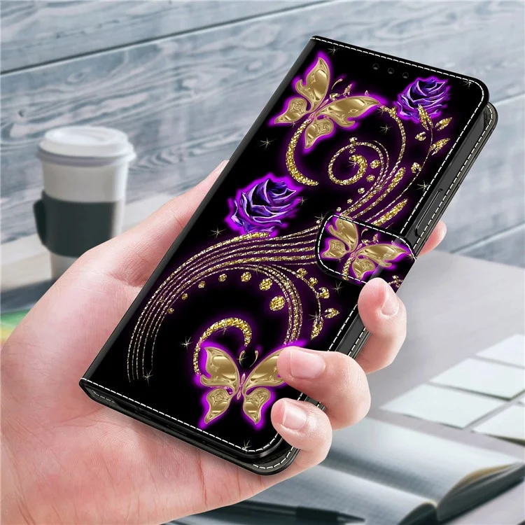 Para Samsung Galaxy A22 5G (Versão UE) Carteira Capa de Telefone Case PU Leather 3D Pattern Stand Protective Cover - Purple Flowers / Butterflies