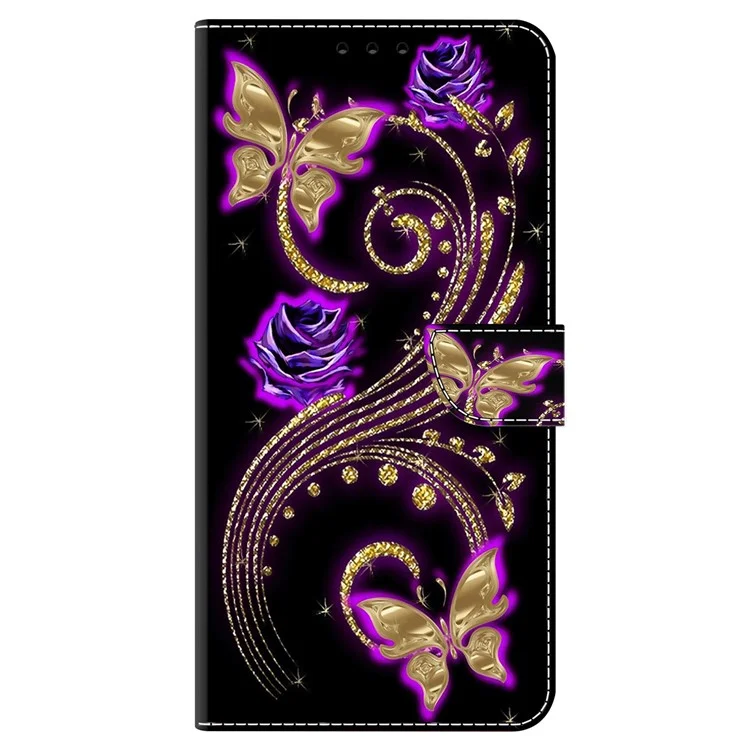 Para Samsung Galaxy A22 5G (Versão UE) Carteira Capa de Telefone Case PU Leather 3D Pattern Stand Protective Cover - Purple Flowers / Butterflies