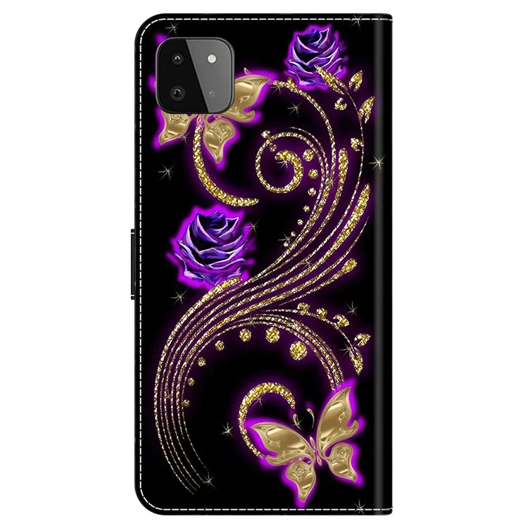 Para Samsung Galaxy A22 5G (Versão UE) Carteira Capa de Telefone Case PU Leather 3D Pattern Stand Protective Cover - Purple Flowers / Butterflies