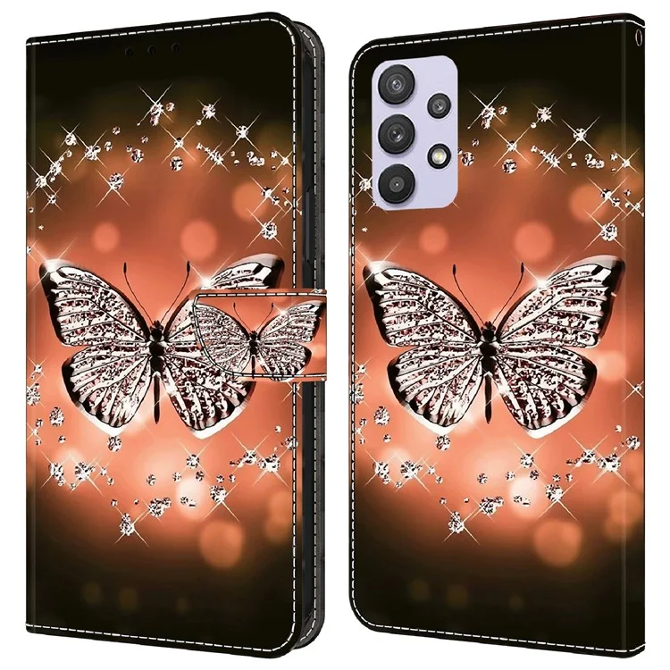 Für Samsung Galaxy A32 5G Leder Handyhülle 3D Muster Bedruckt Ständer Wallet Folio Hülle - Kristallschmetterling