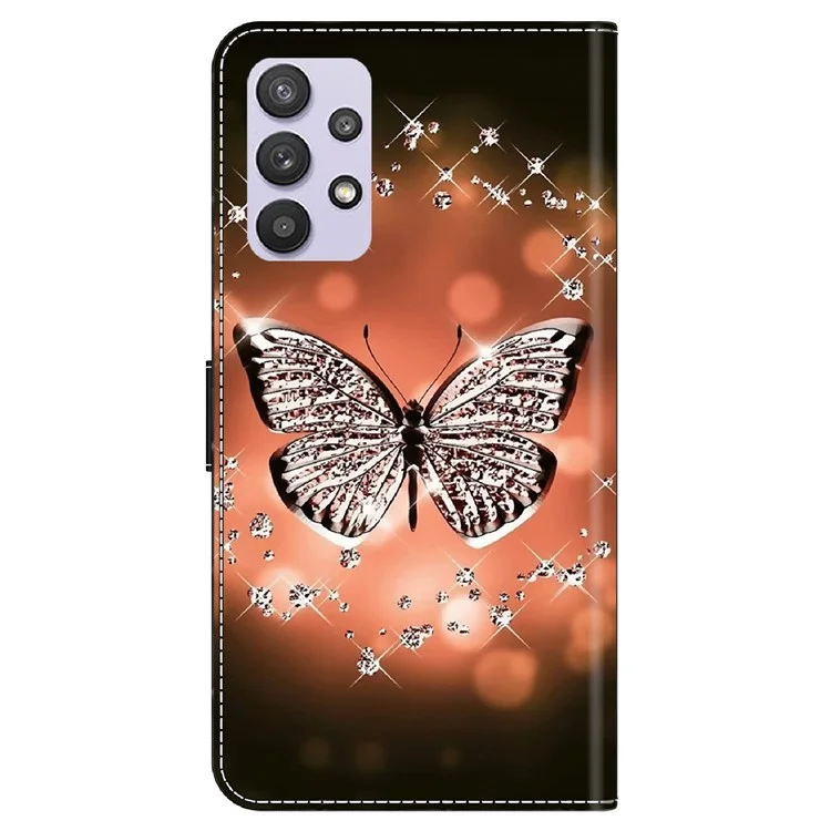Für Samsung Galaxy A32 5G Leder Handyhülle 3D Muster Bedruckt Ständer Wallet Folio Hülle - Kristallschmetterling