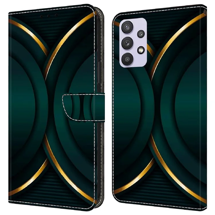 Para Samsung Galaxy A32 5G Capa de Telefone de Couro 3D Padrão de Impressão Suporte Carteira Folio Cover - Contorno Dourado