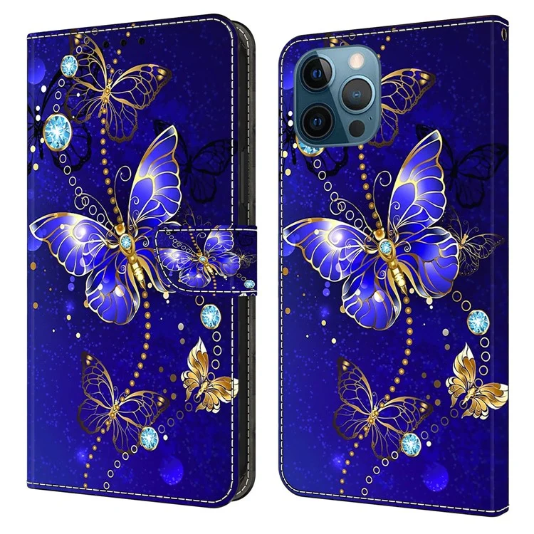 Leather Phone Case for iPhone 13 Pro Max Printed 3D Pattern Wallet Stand Magnetic Closure Cover - Diamond Butterfly
