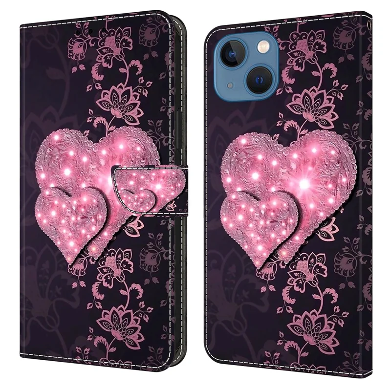 For iPhone 14 PU Leather Case 3D Pattern Printed Stand Flip Wallet Phone Cover - Lace Hearts