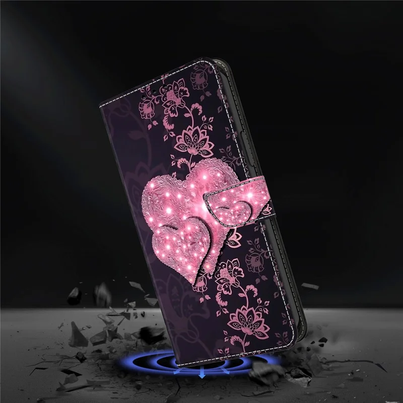 For iPhone 14 PU Leather Case 3D Pattern Printed Stand Flip Wallet Phone Cover - Lace Hearts