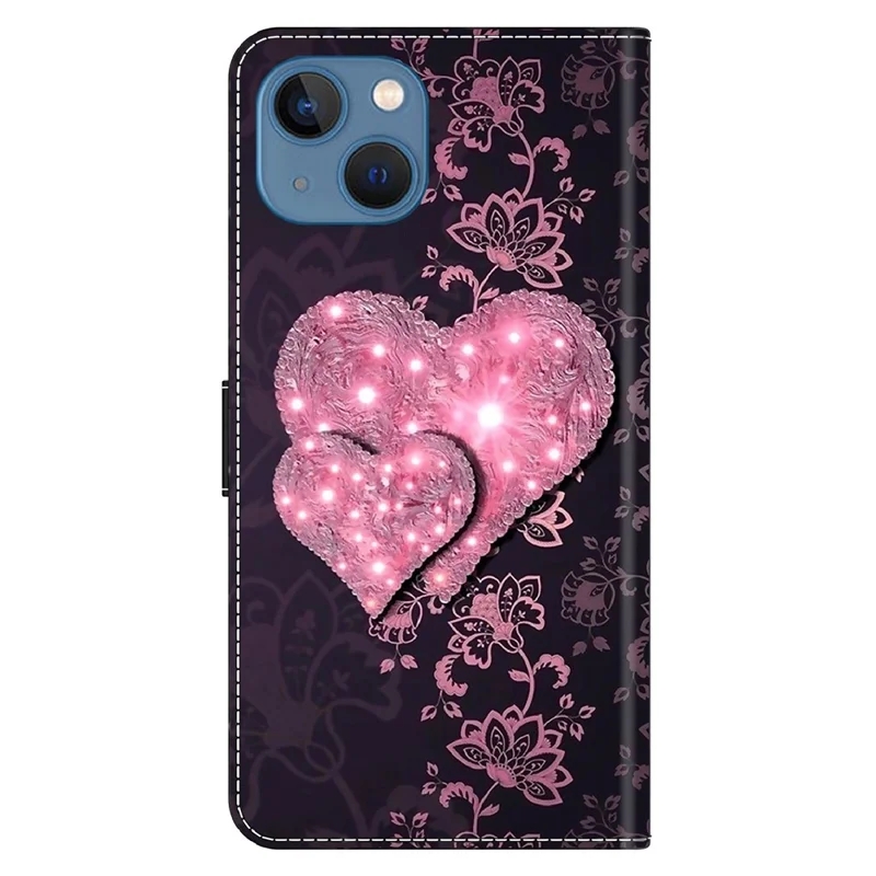 For iPhone 14 PU Leather Case 3D Pattern Printed Stand Flip Wallet Phone Cover - Lace Hearts