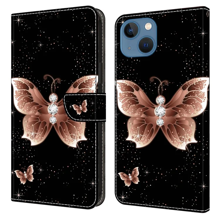 For iPhone 13 Wallet Case PU Leather Magnetic Closure 3D Pattern Stand Phone Cover - Pink Diamond Butterfly