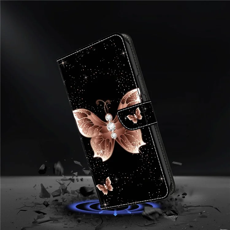 For iPhone 13 Wallet Case PU Leather Magnetic Closure 3D Pattern Stand Phone Cover - Pink Diamond Butterfly