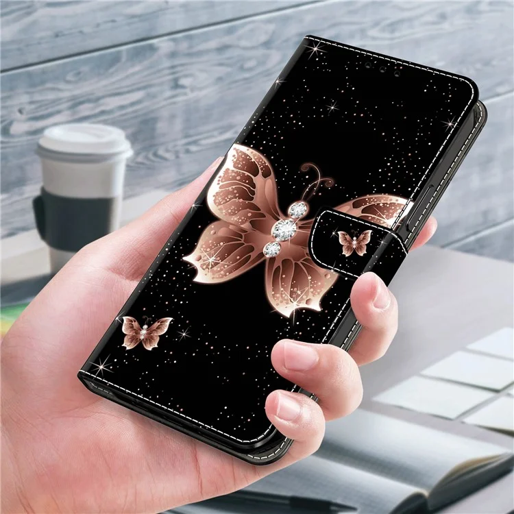For iPhone 13 Wallet Case PU Leather Magnetic Closure 3D Pattern Stand Phone Cover - Pink Diamond Butterfly