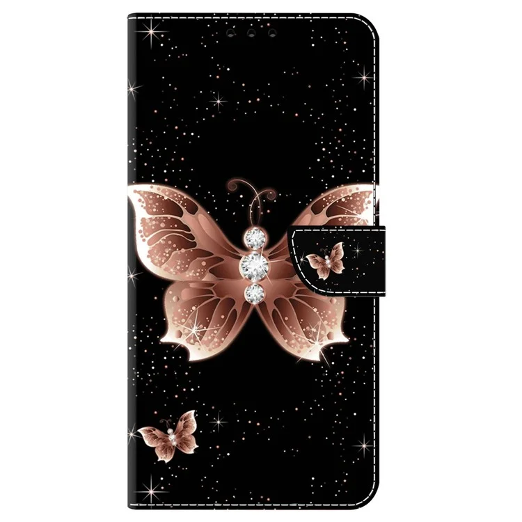 For iPhone 13 Wallet Case PU Leather Magnetic Closure 3D Pattern Stand Phone Cover - Pink Diamond Butterfly