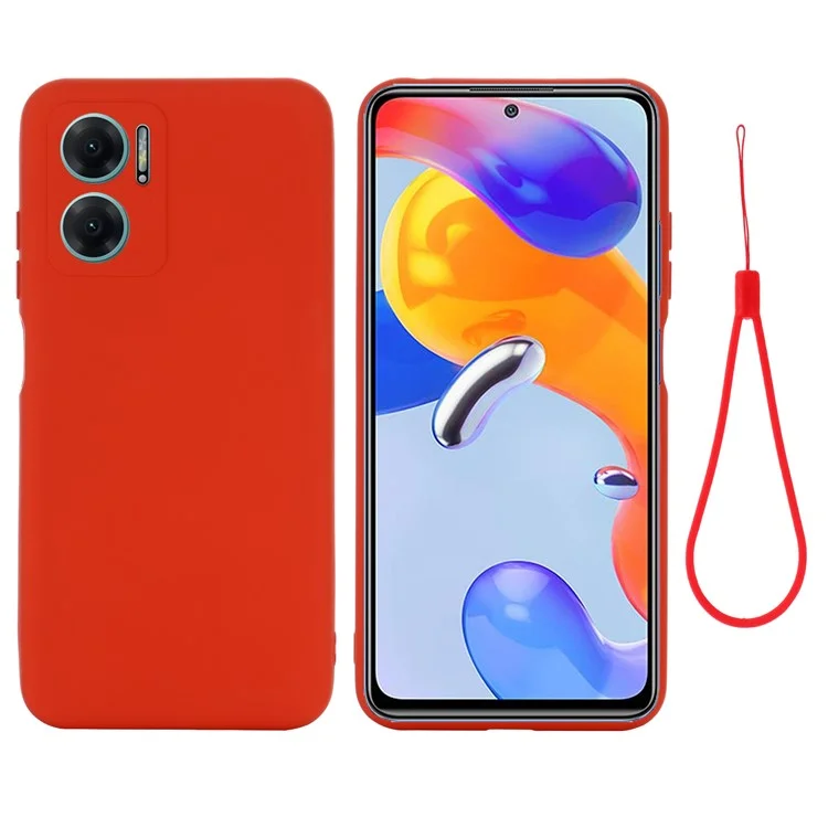 Pour Xiaomi Redmi 11 Prime 5G Liquid Silicone Soft Lining Phone Case Shockproof Phone Cover with Strap - Red