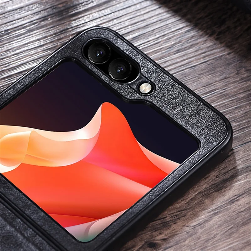 Para Samsung Galaxy Z Flip5 5G Capa de Telefone à Prova de Choque Revestida de Couro PU Capa Dura de PC Ultrafina - Preto