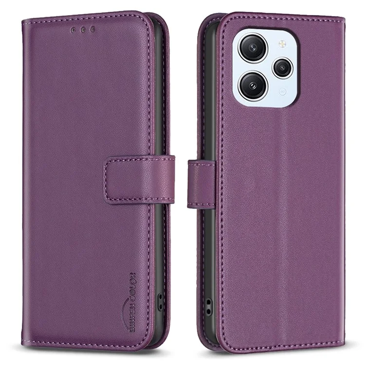 BINFEN COLOR BF17 für Xiaomi Redmi 12 4G Kratzfeste Handyhülle mit Ständer TPU+PU Leder Case Brieftasche - Dunkelviolett