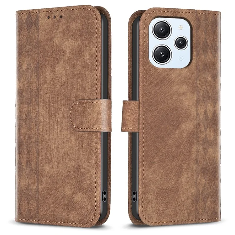Pour Xiaomi Redmi 12 4G Imprinted Rhombus Mobile Phone Case Stand Wallet PU Leather Cell Phone Cover - Brown