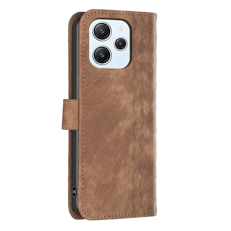 Pour Xiaomi Redmi 12 4G Imprinted Rhombus Mobile Phone Case Stand Wallet PU Leather Cell Phone Cover - Brown