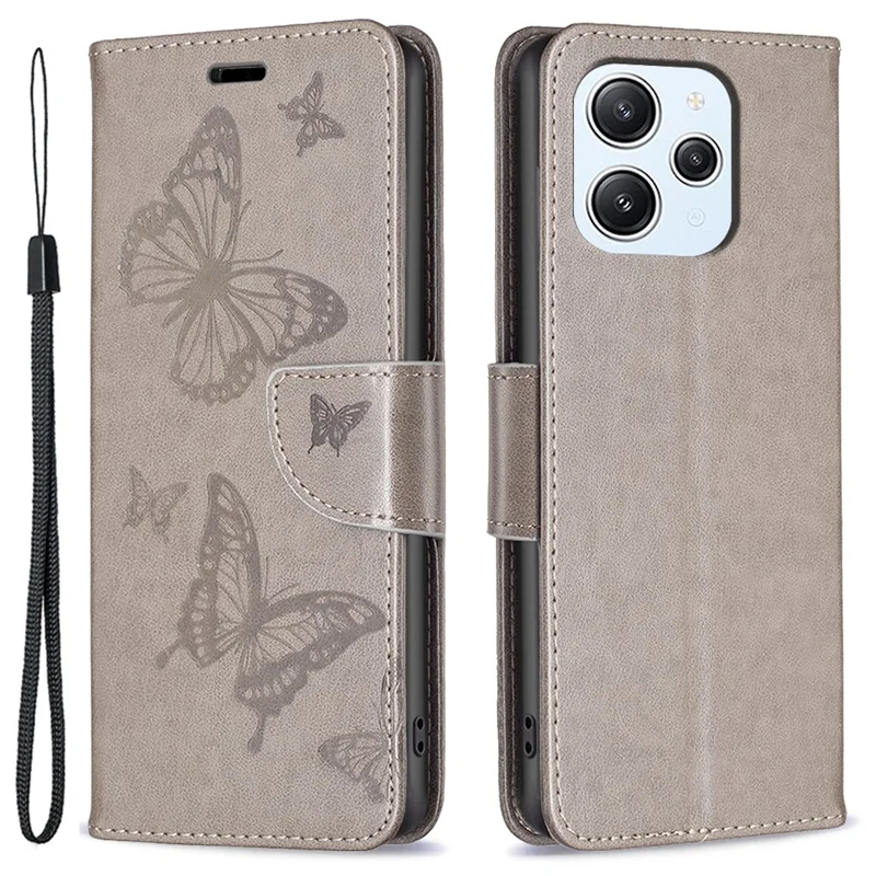 For Xiaomi Redmi 12 4G Anti-Dust Stand Wallet Phone Flip Case Butterfly Imprinted Leather Cover with Strap - Grey