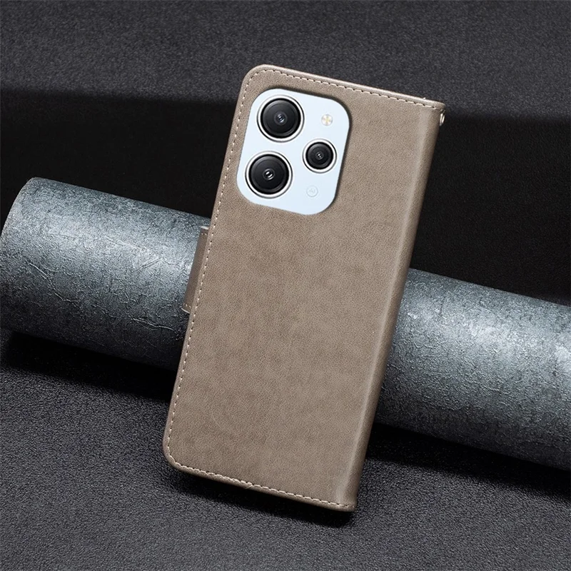 For Xiaomi Redmi 12 4G Anti-Dust Stand Wallet Phone Flip Case Butterfly Imprinted Leather Cover with Strap - Grey