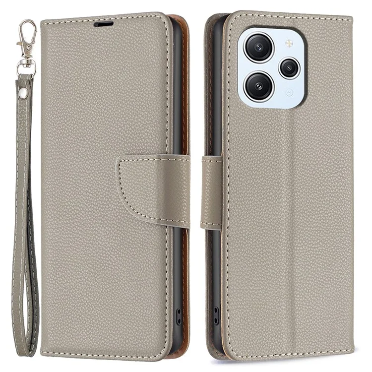 For Xiaomi Redmi 12 4G Phone Cover Wallet PU Leather Litchi Texture Phone Flip Stand Case with Strap - Grey
