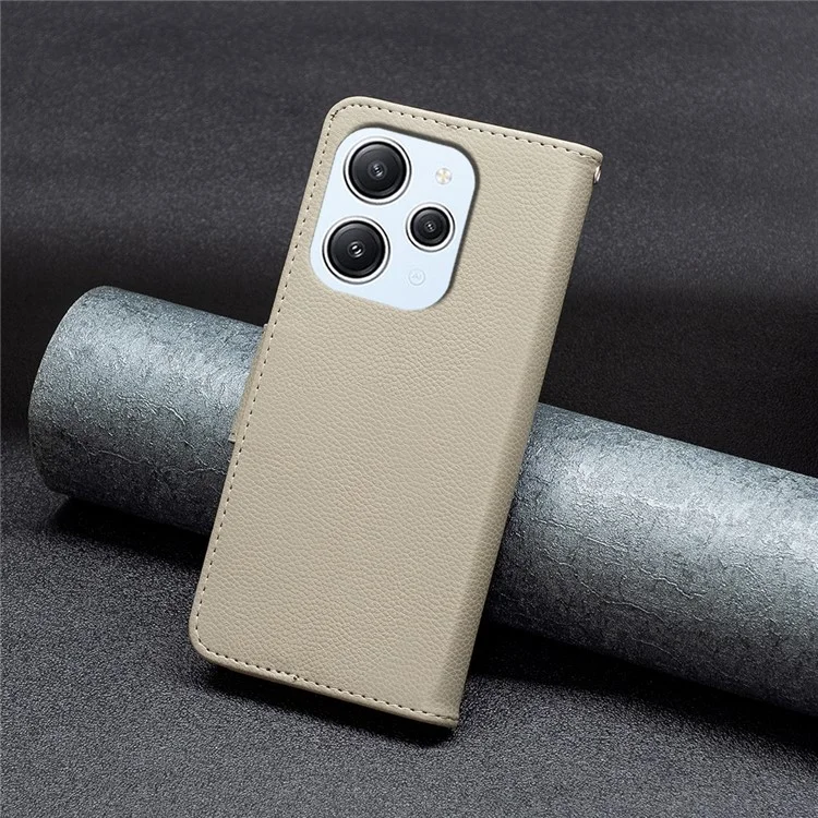 For Xiaomi Redmi 12 4G Phone Cover Wallet PU Leather Litchi Texture Phone Flip Stand Case with Strap - Grey