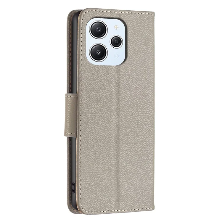 For Xiaomi Redmi 12 4G Phone Cover Wallet PU Leather Litchi Texture Phone Flip Stand Case with Strap - Grey