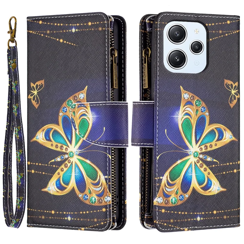 BF03 Wallet Phone Case for Xiaomi Redmi 12 4G , PU Leather Zipper Pocket Pattern Printing Stand Cover - Rhinestone Butterfly