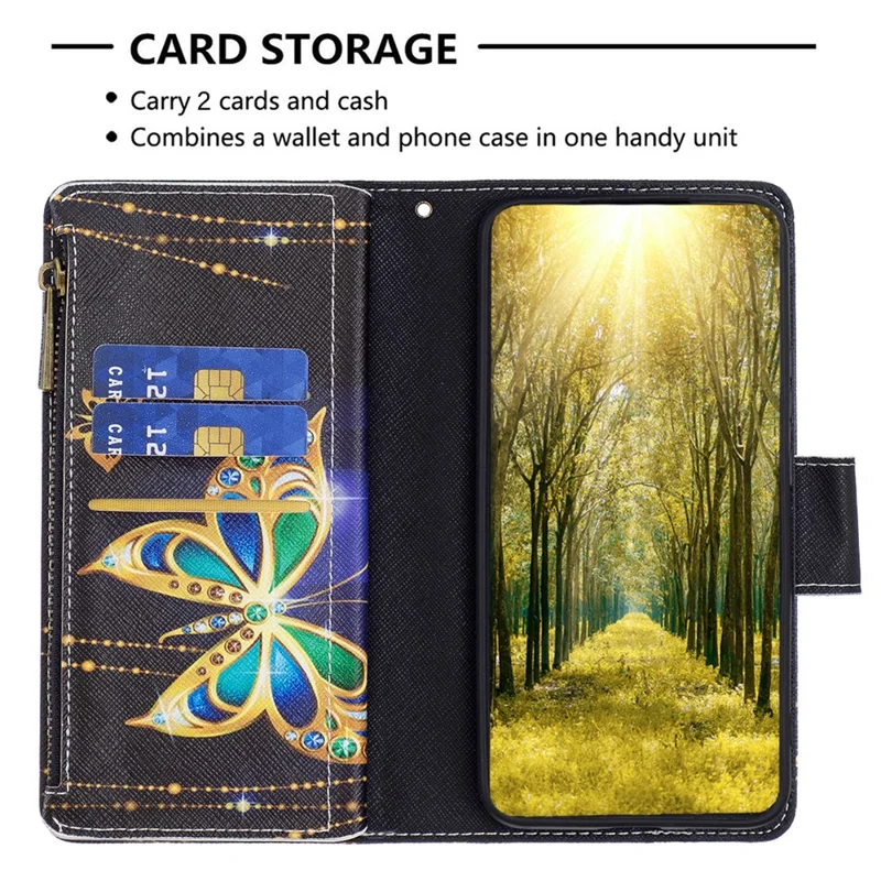 BF03 Wallet Phone Case for Xiaomi Redmi 12 4G , PU Leather Zipper Pocket Pattern Printing Stand Cover - Rhinestone Butterfly
