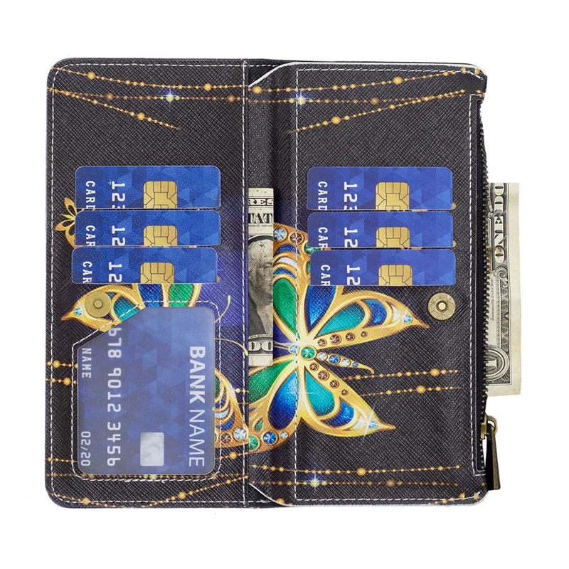BF03 Wallet Phone Case for Xiaomi Redmi 12 4G , PU Leather Zipper Pocket Pattern Printing Stand Cover - Rhinestone Butterfly