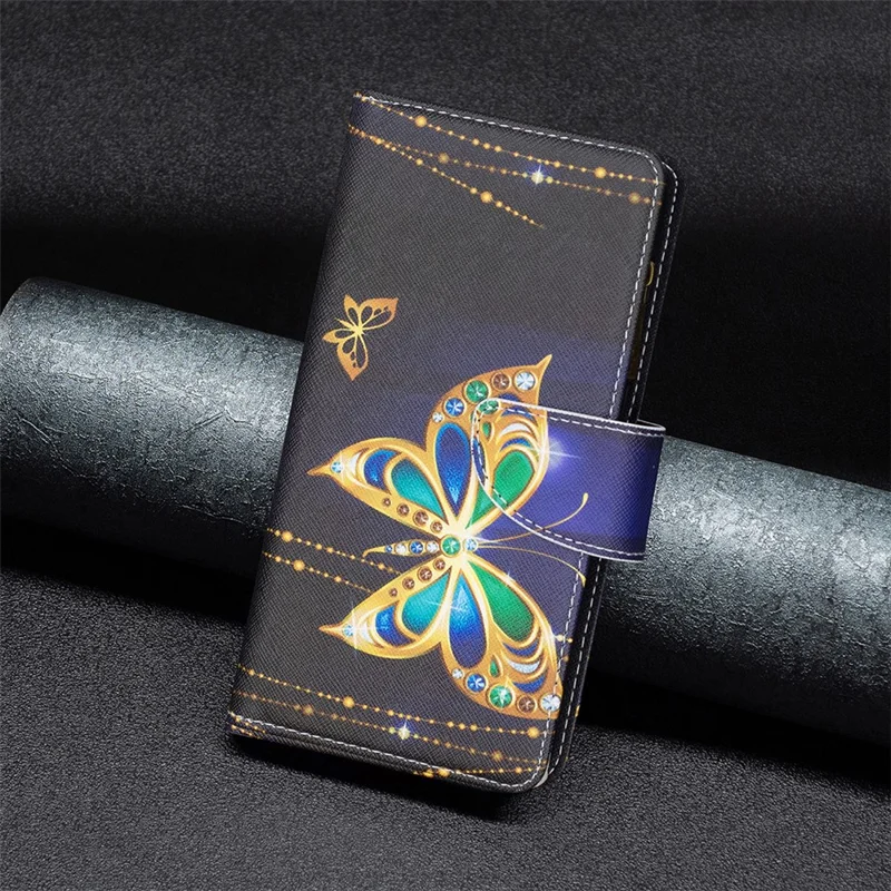 BF03 Wallet Phone Case for Xiaomi Redmi 12 4G , PU Leather Zipper Pocket Pattern Printing Stand Cover - Rhinestone Butterfly