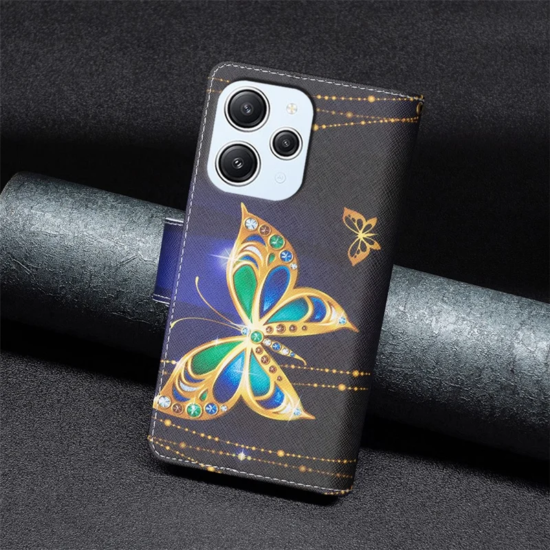 BF03 Wallet Phone Case for Xiaomi Redmi 12 4G , PU Leather Zipper Pocket Pattern Printing Stand Cover - Rhinestone Butterfly