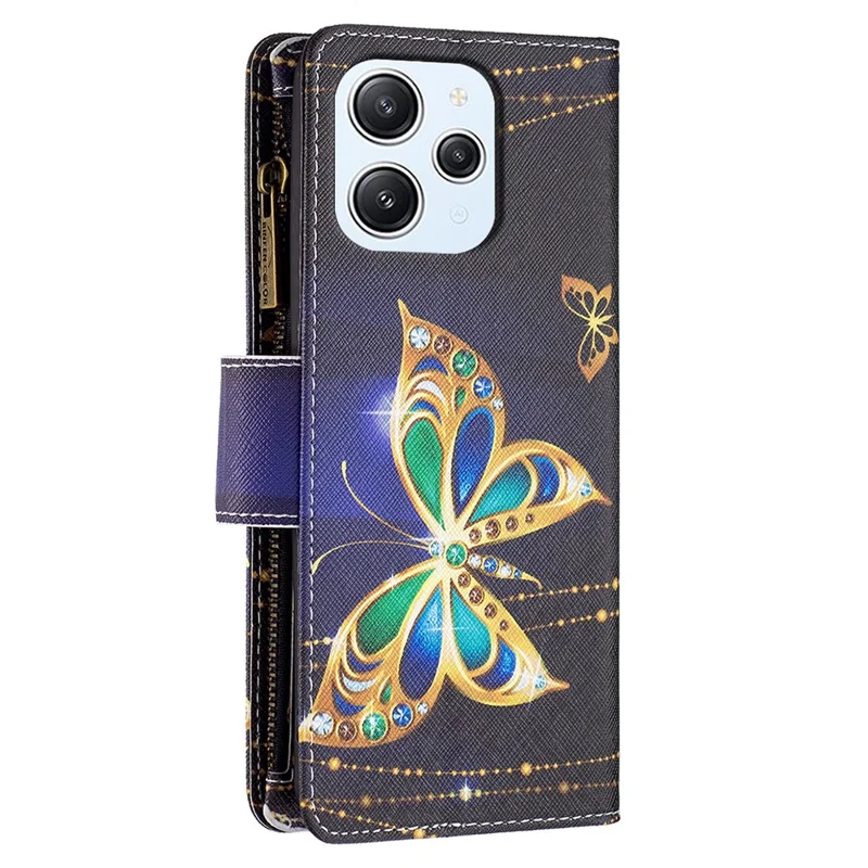 BF03 Wallet Phone Case for Xiaomi Redmi 12 4G , PU Leather Zipper Pocket Pattern Printing Stand Cover - Rhinestone Butterfly