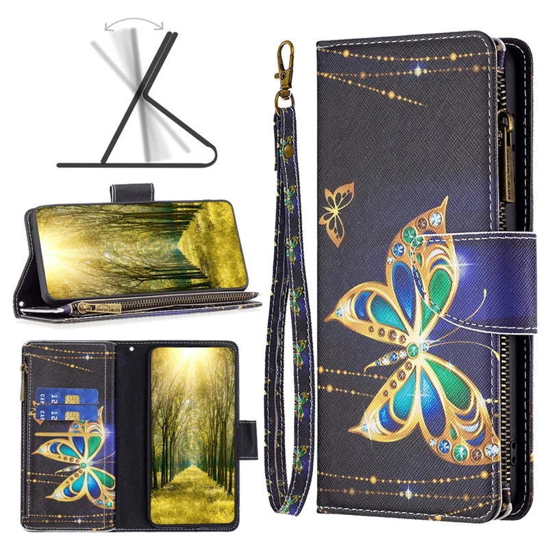 BF03 Wallet Phone Case for Xiaomi Redmi 12 4G , PU Leather Zipper Pocket Pattern Printing Stand Cover - Rhinestone Butterfly