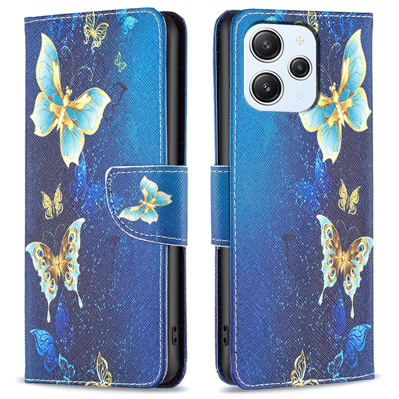 Para Xiaomi Redmi 12 4G Funda de teléfono móvil de cuero con tapa y estampado - Mariposas doradas