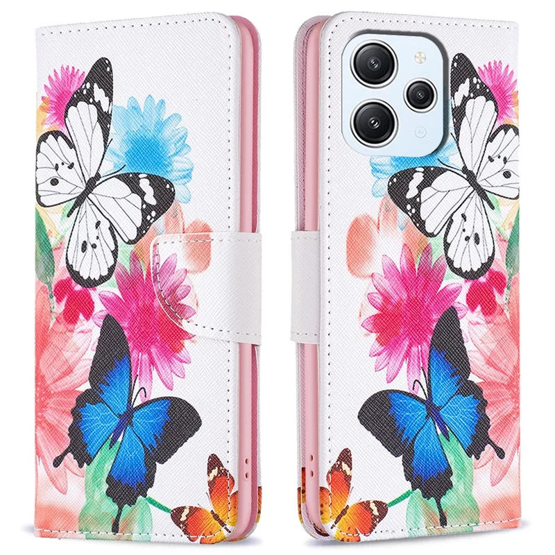 For Xiaomi Redmi 12 4G Pattern Printing PU Leather Cover Anti-drop Wallet Stand Phone Case - Two Butterflies