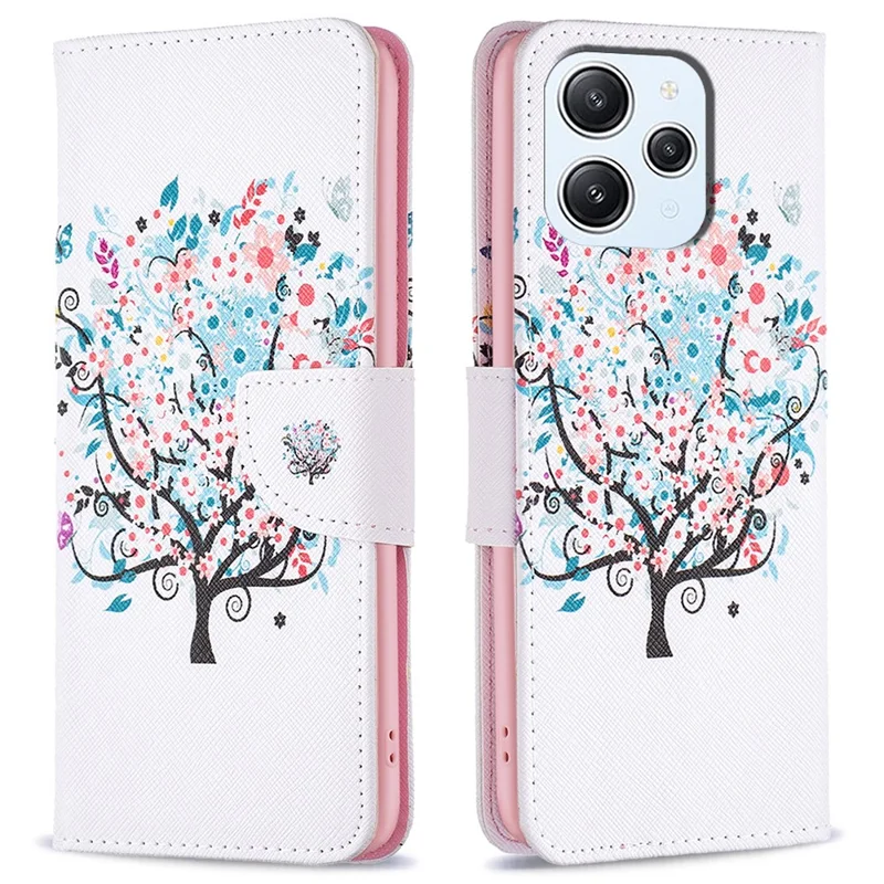 For Xiaomi Redmi 12 4G Pattern Printing PU Leather Cover Anti-drop Wallet Stand Phone Case - Flower Tree