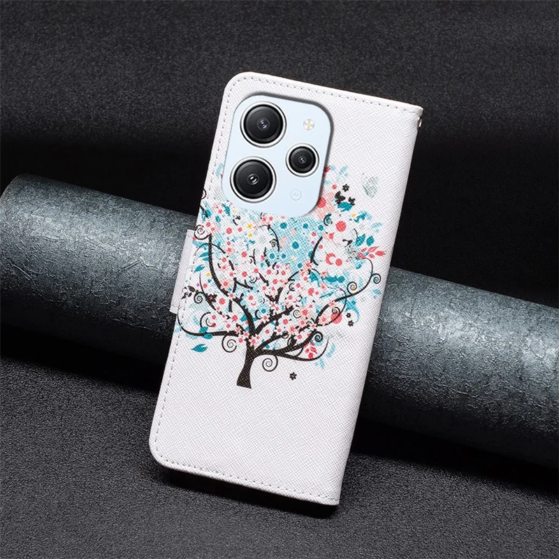 For Xiaomi Redmi 12 4G Pattern Printing PU Leather Cover Anti-drop Wallet Stand Phone Case - Flower Tree